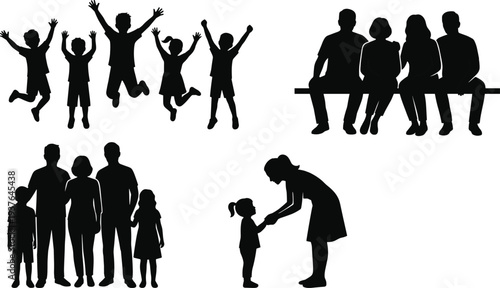 Black silhouette people set showing jumping children, family group, parents and kids, mother with daughter, sitting friends lifestyle vector illustration