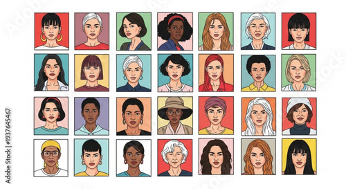 Diverse group of people with different faces and expressions on colorful backgrounds