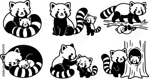 Flat vector cartoon red panda parent and baby playing climbing and cuddling in black and white cute minimal icon set