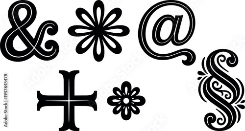 Vintage ornamental style vector art close up of ampersand at sign floral asterisk and decorative cross with bold flat silhouette