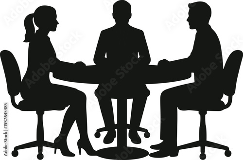 Business meeting silhouette with mediator between man and woman at table, corporate negotiation discussion, office teamwork concept