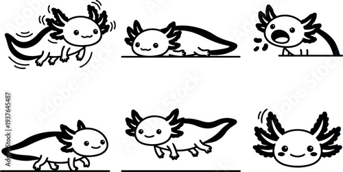 Line art kawaii axolotl stickers set six cute poses smiling walking swimming peeking yawning playful flat vector icons black white