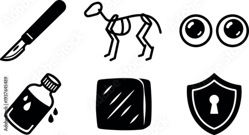 Minimalist line art vector icon set surgical scalpel dog skeleton bandage bottle eyes gauze shield medical veterinary symbols black monochrome