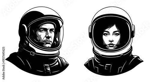 Two astronauts in space suits. Man and woman astronauts, B/W vector illustration. Transparent SVG version.