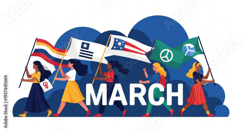 Diverse women marching with flags symbolizing unity and peace on a blue background with white text
