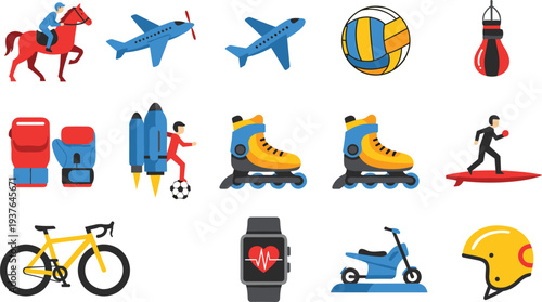 Sports and Fitness Activity Icon Set with Bicycle Roller Skates Volleyball Boxing Bag Running Watch and Training Equipment Vector Illustration.