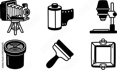 Flat design line art camera and darkroom icons large format camera film canister developing tank squeegee frame microscope close up