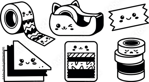Kawaii line art vector set of smiling stationery items close up tape dispenser sticky notes labels rolls stacked black white