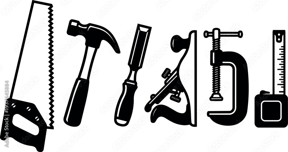 Fototapeta premium Flat design close up row of classic hand tools saw hammer chisel plane clamp tape measure black silhouette stacked workshop