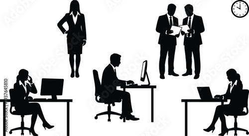 Business office silhouettes set including computer desk work, phone communication, laptop typing, corporate document discussion professional teamwork