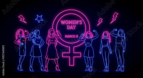 Neon women's day celebration with diverse group of women in pink and blue march 8th