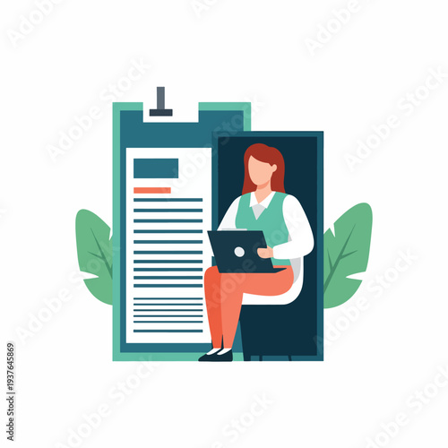 Woman Working on Laptop with Clipboard Nearby.