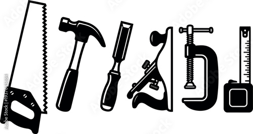 Flat design close up row of classic hand tools saw hammer chisel plane clamp tape measure black silhouette stacked workshop