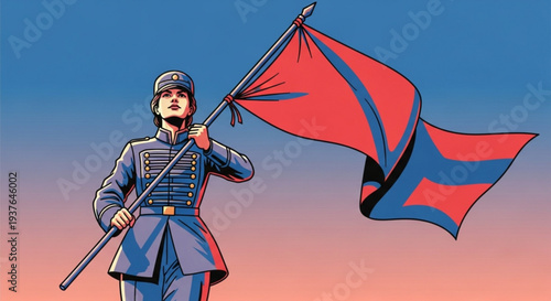 Soldier holding red and blue flag standing strong against sunset background with determined expression