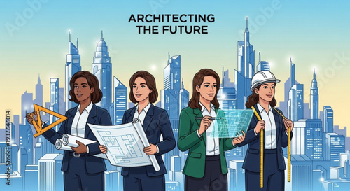 Diverse group of female architects standing confidently with blueprints and tools in front of a futuristic cityscape