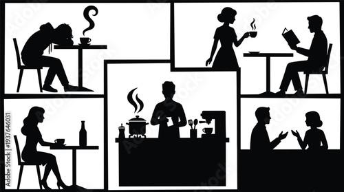 Cafe interior silhouettes set with people drinking coffee, reading, chatting and barista preparing drinks in coffee shop scene