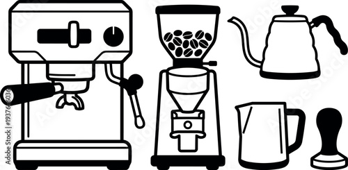 Flat design side view espresso machine and coffee grinder with gooseneck kettle milk jug tamper set studio line art icons