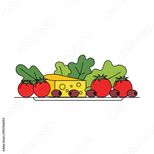 Assorted Cheese and Fresh Vegetables Display.