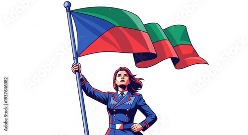 Confident woman in blue uniform holding a large flag with green red and blue colors symbolizing freedom and patriotism