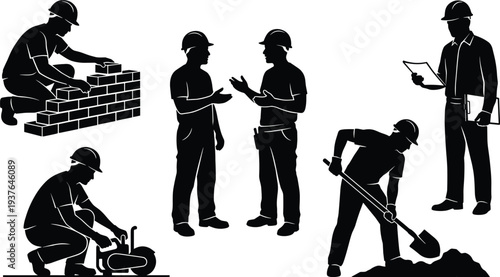 Construction workers silhouettes set including bricklayer building wall, engineer reading blueprint, labor digging ground, builder discussing project vector