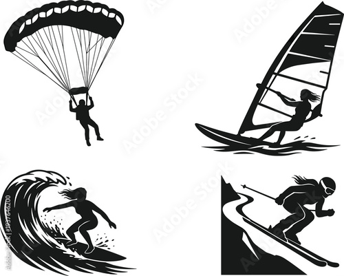 Extreme sports silhouettes set featuring paragliding, windsurfing, surfing ocean wave, alpine skiing action, outdoor adventure athlete vector illustration collection