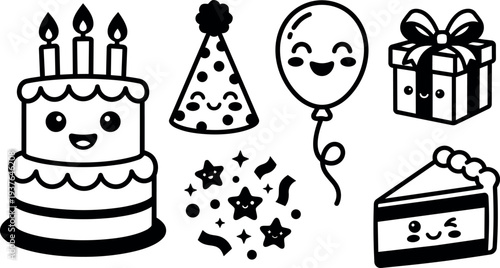 Kawaii line art vector birthday icons smiling cake balloon gift slice party hat confetti set for children front view playful