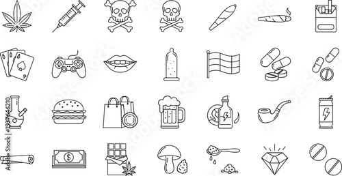 Drugs and addiction line icon set with cannabis leaf, syringe, cigarette, pills, beer, bong and substance abuse symbols