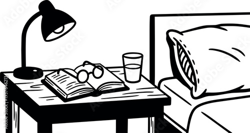 Minimal line art bedside table with lamp open book glasses and water glass beside pillow black white sketch