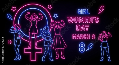 Women's day celebration neon sign with female empowerment symbols and bold typography on black background
