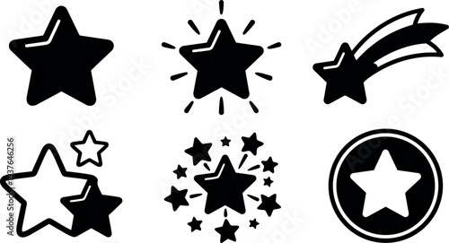 Minimalist flat vector star icon set six black stars with burst shooting star and badge isolated on white outline cluster