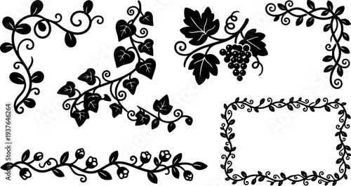 Silhouette botanical corner and border set with ivy grapevine and ornamental frames in decorative vintage vector art black isolated elements