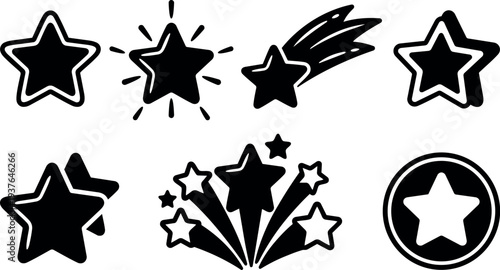 Flat design star icon set vector with shooting star burst badge stacked stars and rounded badge in black silhouettes closeup