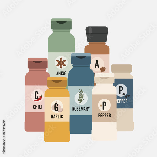 Assorted Spice Bottles with Different Herbs and Labels