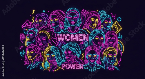 Vibrant illustration of diverse women faces with women power text in neon colors on black background