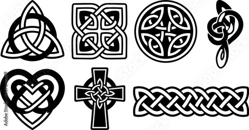 Celtic knot line art set of eight ornamental vector emblems black and white close up arranged on white background detail