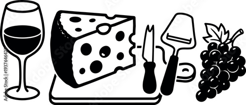 Line art vector close up cheese wedge on cutting board with knife and slicer beside wine glass and grape cluster