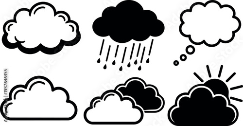 Flat vector cloud icon set with rain and thought bubble sun behind cloud bold line art for weather forecast symbols
