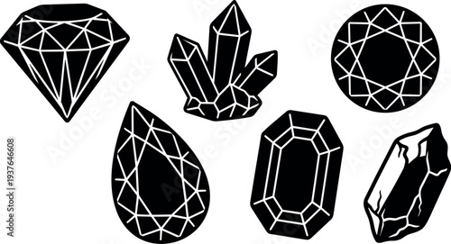 Minimalist black and white vector crystal icons close up assorted cut gemstones and raw quartz cluster top view flat design
