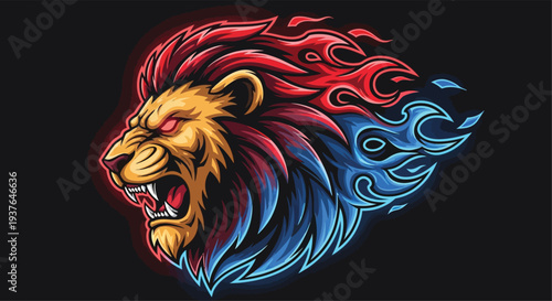 A fierce roaring lion with a vibrant red and blue fiery mane on a dark background.