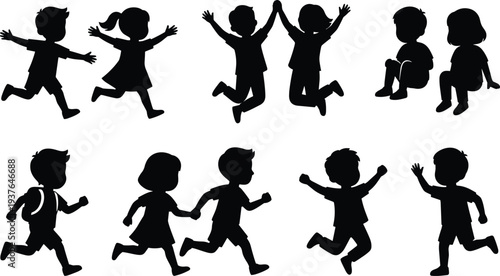 Kids running and jumping silhouettes set showing happy children playing, school kids activity, playful childhood moments vector illustration