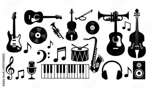 A collection of musical instruments and symbols in a flat vector graphic