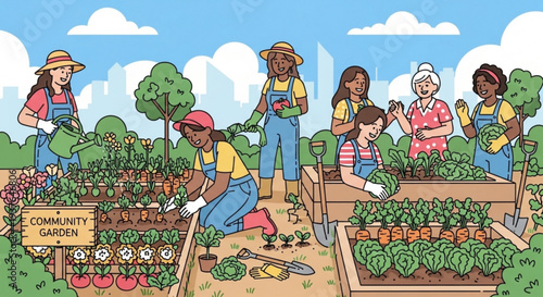 Diverse group of people gardening together in a community garden with raised beds and various plants under a sunny blue sky