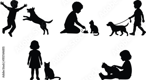 Kids with pets silhouettes set showing child playing with dog, feeding cat, walking puppy, happy childhood animal friendship