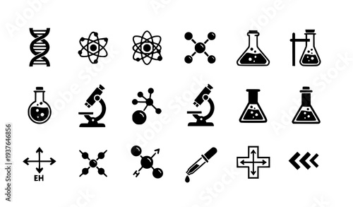 A set of black and white science icons on a white background