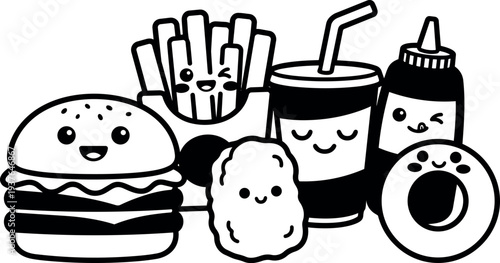 Whimsical kids doodle close up smiling fast food characters burger fries soda ketchup nugget donut black line cute vector illustration