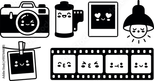 Flat kawaii vector camera and film icons smiling polaroid and lamp with filmstrip close up minimalist outline black and white set