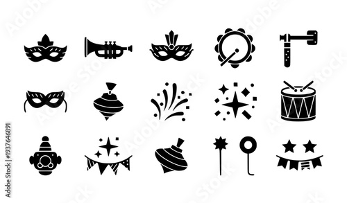 A set of black and white vector icons for a party celebration