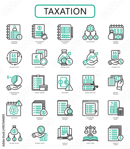 Taxation outline-dual tone icons pack. contain account, adjustment, allocation, income, billing cycle, gain, receipt and more. Vector for UI, UX, web development.