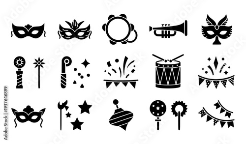A set of black and white vector icons for a party celebration