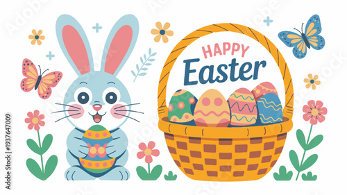 Easter bunny holding egg happy easter basket with colorful eggs flowers butterflies
